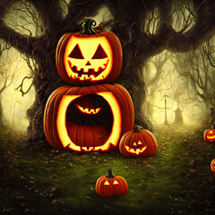 An Illustration of a pumpkin jack-o'-lantern in a dark forest