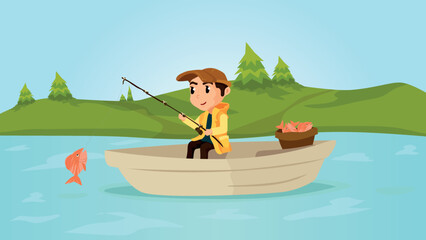 Leisure time activity with parent. Fishing illustration vector.