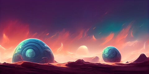 Sunset on alien planet, planets and moons in colorful light.