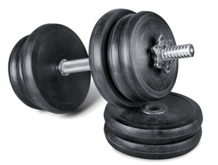 Dumbbell and barbell discs isolated on white background