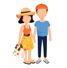 A couple in hand in hand position. They wear summer clothes.
