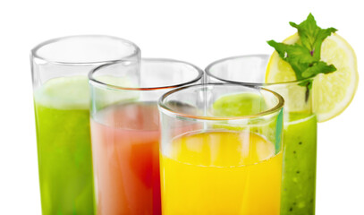 Tasty fruits  and juice with vitamins on background