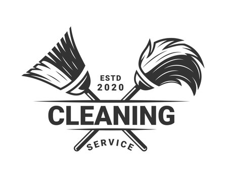 Broom and mop. Vintage cleaning service label. Vector illustration