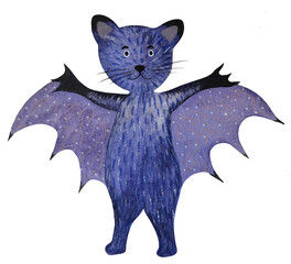 Watercolor small cute bat with open wings.
