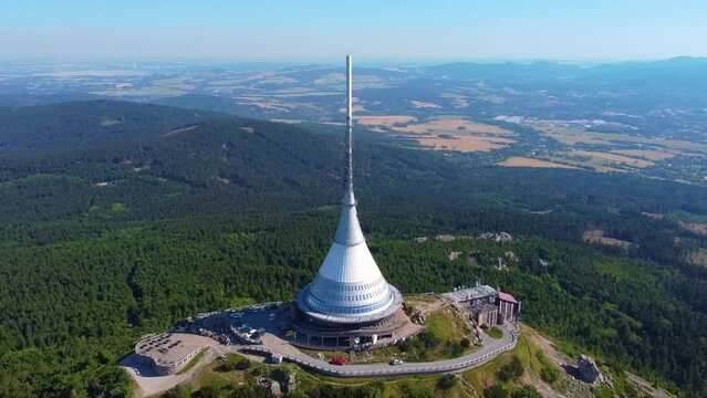 Jested mountain hotel and TV transmitter from above