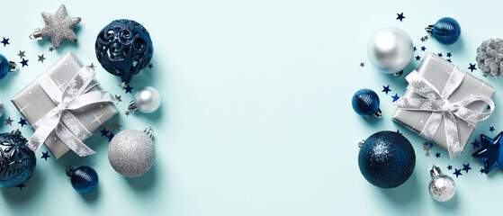 Christmas banner design. Blue Xmas background with blue and silver balls, gift boxes, confetti. Happy New Year header mockup.