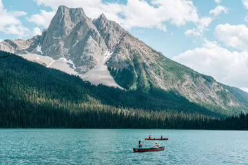 Kayak on the Blue lake Emerald in the Canadian Rocky Mountains