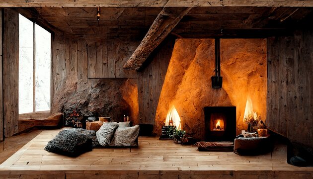 Cozy wooden mountain cabin interior with beam