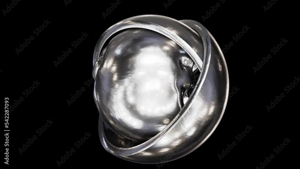 Poster realistic looping 3d animation of the abstract morphing liquid silver metal sphere inside of two bru