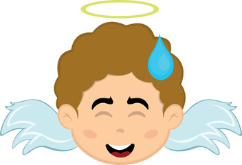 Vector illustration of the face of a cartoon angel boy with a shameful expression and a drop of sweat on his head