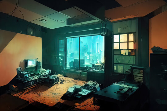 Cluttered, Chaotic Apartment In Matte Blue Tone. Anime Style Illustration With A Messy Living Room In An Asian Themed Art. Sci-fi Untidy Interior Space Illuminated By Light From Outside. Generative Ai