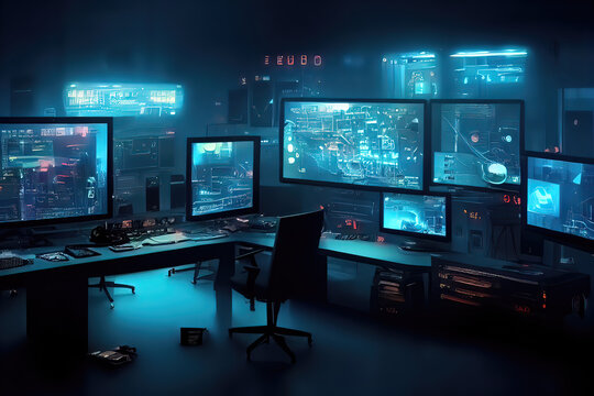 Futuristic cyberpunk computer control room with monitors and screens. Interior of a secret government surveillance centre full of technology for tracking crime and cyber attacks. Inside a hacking room
