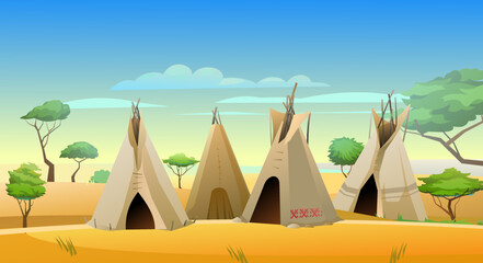 Indians wigwam hut made of felt and skins. Small village among sands. North American tribal dwelling. Traditional home of nomadic peoples. Vector.