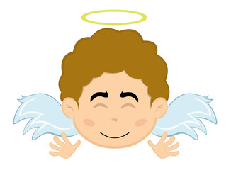Vector illustration of a child angel cartoon with a cheerful expression and waving with his hands