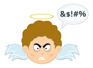 Vector illustration of the face of a cartoon angel boy with an angry expression and a speech bubble with an insult text