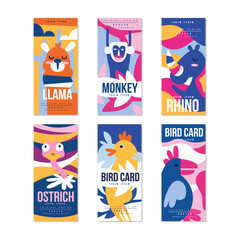 Birds and Animal Poster and Cards with Llama, Monkey, Rhino and Ostrish Vector Set