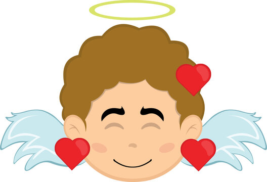 Vector illustration of a cartoon child angel with a cheerful expression and surrounded by hearts