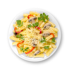 Pasta. Penne Pasta with Bolognese Sauce, Parmesan Cheese and Basil on a Fork. Italian Cuisine. Mediterranean food