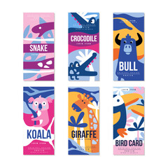 Birds and Animal Poster and Cards with Snake, Crocodile, Bull, Koala, Giraffe and Toucan Vector Set