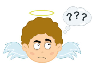 vector illustration of the face of a child angel cartoon with a thinking or doubtful expression, with a cloud thought with question marks