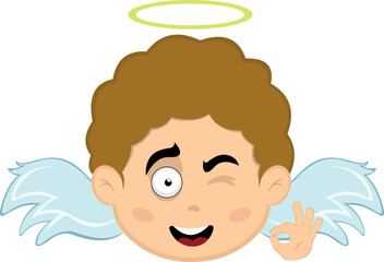 Vector illustration of a cartoon child angel with a cheerful expression, winking and with his hand making a gesture of ok or perfect