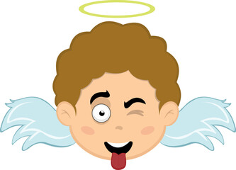 Vector illustration of the face of a cartoon angel boy with a happy expression, winking and with his tongue out