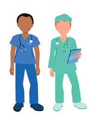 Two male doctors within different colored uniform. Medical workers silhouette.