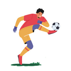 Goalkeeper Kicking Ball Defend Gates in Soccer Tournament. Goalie Male Character Wear Football Team Uniform in Motion