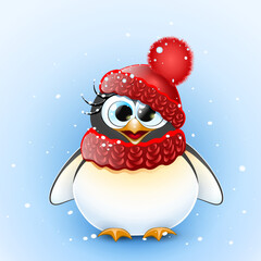 Cute little cartoon funny penguin girl wearing knitted hat and scarf under winter snowfall