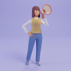 Cartoon girl holding a megaphone and making announcement isolated on blue background. Social network promotion illustration.