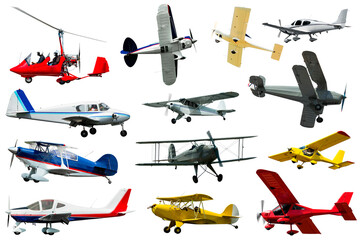 Collection of flying vehicles isolated on white background..