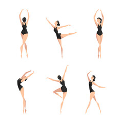 Young Beautiful Female Ballet Dancer in Black Leotard in Different Pose Vector Set