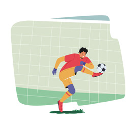 Goalkeeper Kicking Ball Defend Gates in Soccer Tournament. Goalie Male Character Wear Football Team Uniform in Motion