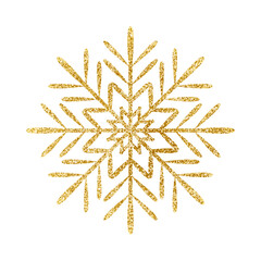 Gold glitter texture snowflake isolated on white background. Vector illustration.