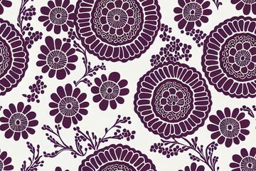 Seamless pattern with stylized ornamental flowers in retro, vintage style. Jacobin embroidery. Colored 2d illustrated illustration isolated on white background.