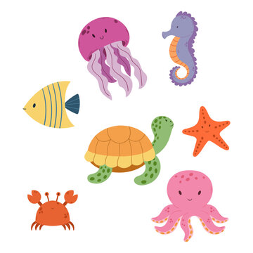 Set Of Underwater Animals Octopus, Jellyfish, Turtle, Starfish, Crab With Sea Horse And Angel Fish Marine Creatures