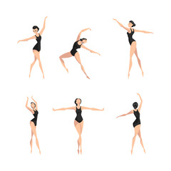 Young Beautiful Female Ballet Dancer in Black Leotard in Different Pose Vector Set