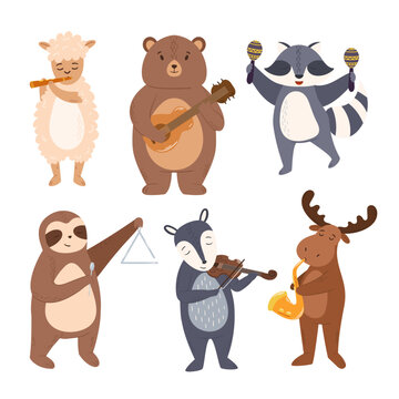 Set Of Animals Play Music. Cute Sheep, Bear, Raccoon Sloth Or Moose Playing On Different Instruments Guitar, Maracas