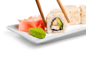 Tasty Sushi rolls on plate on  background