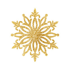 Gold glitter texture snowflake isolated on white background. Vector illustration.