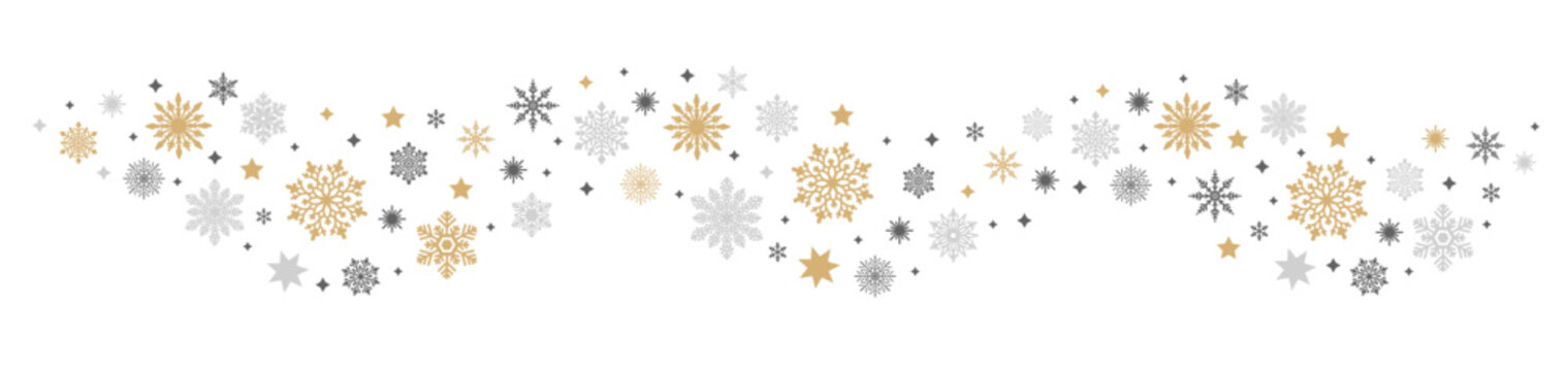 Christmas wave with different snowflakes on white background. Snow decor. Vector illustration.