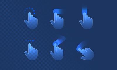 Touch effect of hand gesture in digital futuristic style on transparent background. Neon icon of hand movement on the touch screen. Vector illustration of swipe here icon in neon light effect.