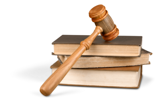 Books and wooden gavel on table. Justice concept