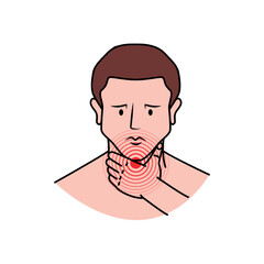 Pain in the human throat. Pain in human body. Human sore throat. Vector illustration. Neck disease, headache, migraine. Vector illustration