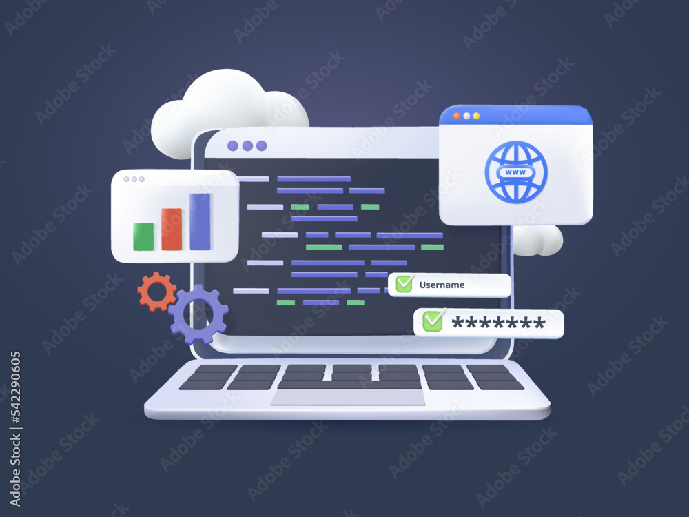 Leinwandbilder 3d computer programming or developing css, html php software game. vector 3d render illustration wit