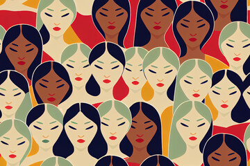 Women's diverse faces of different ethnicities. 2d illustrated seamless pattern with women of different nationalities and cultures. Women's struggle for freedom, independence, equality. - obrazy, fototapety, plakaty