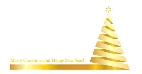Weihnachtsbaum, Tannenbaum, Christbaum aus Schleife in gold,
Weihnachtskarte mit Wünsche in englisch,
Vektor Illustration isoliert auf weißem Hintergrund
