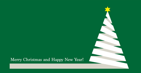Weihnachtsbaum, Tannenbaum, Christbaum aus Schleife in grün weiß,
Weihnachtskarte mit Wünsche in englisch,
Vektor Illustration isoliert auf weißem Hintergrund
