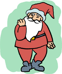 Funny Santa Claus dancing, hand drawn cartoon character, comic personage illustration. Decorative element for poster print, Christmas party invitation, postcard design. Traditional winter celebration.