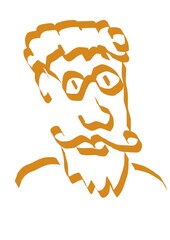 Sketch of the face of an elderly man. He has a beard and round glasses.